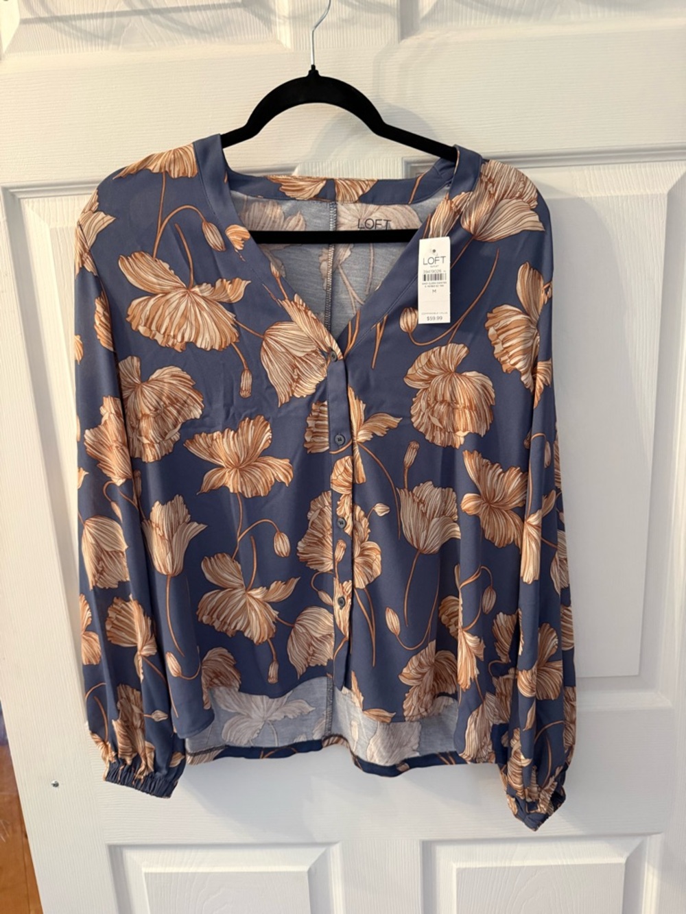 LOFT Blue Floral Print Button-Front Blouse with Tan Flowers